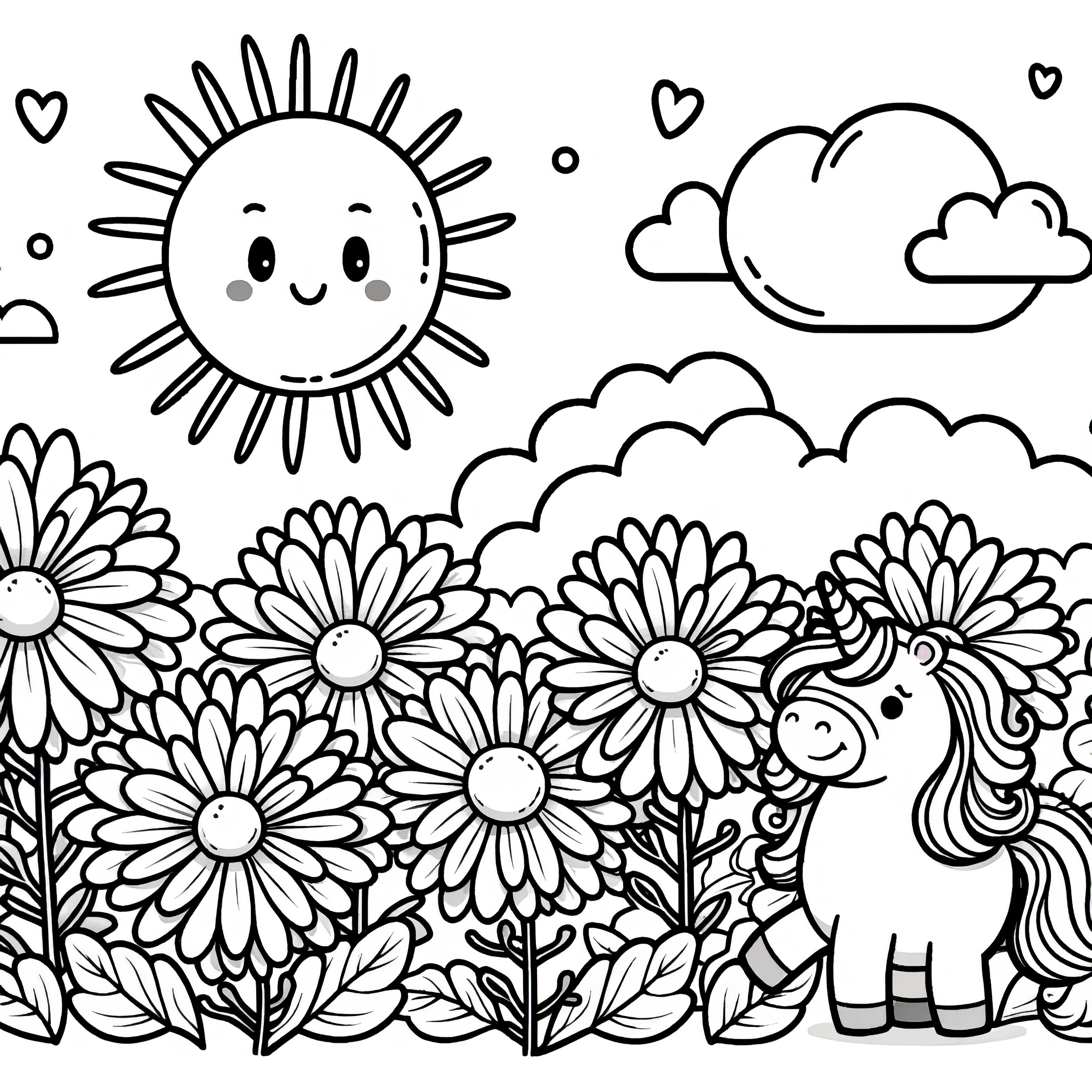 Chrysanthemums, sun, and sweet unicorn: A coloring picture for children (Free)