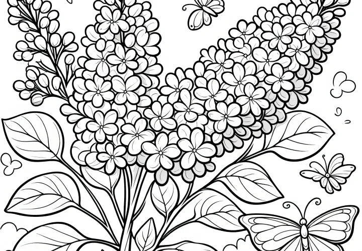 Lilacs and cute butterflies: Beautiful coloring page (Free)