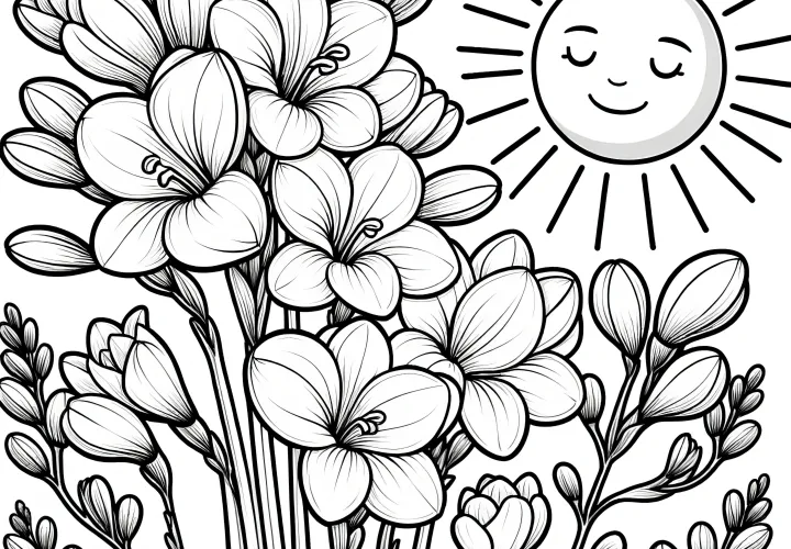 Freesias flowers with loving sun: Coloring page (Free)