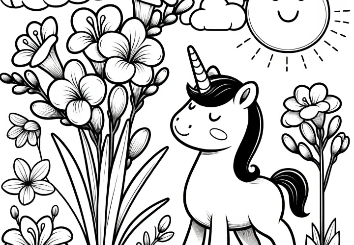 Freesias, unicorn, and sun: A coloring page for children (free)