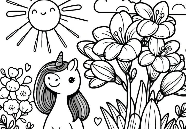 Freesias, sun, and cute unicorn: Coloring page for children (Free)