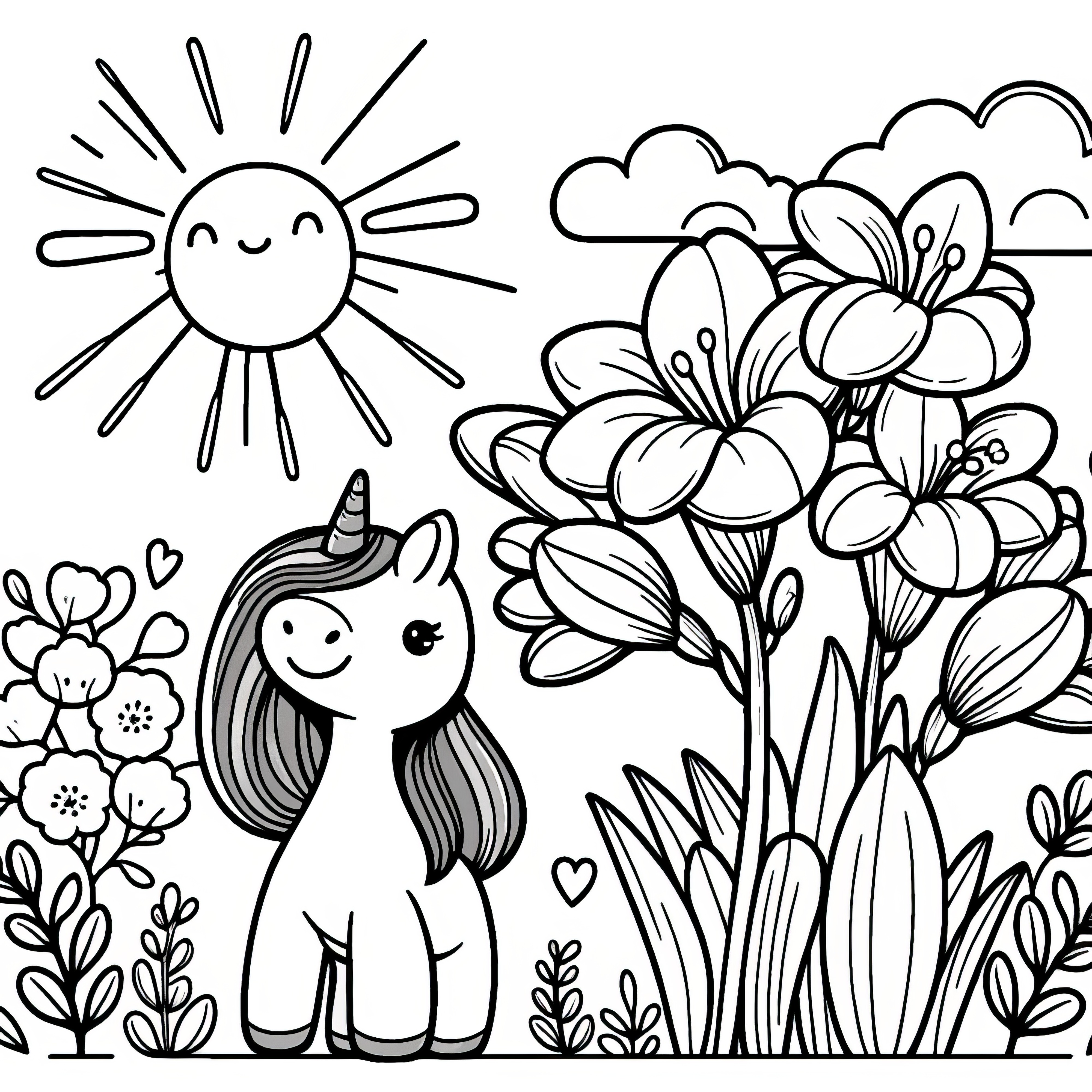 Freesien, soleil et mignon licorne: coloriage pour enfants (Gratuit)