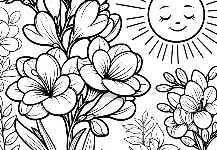 Blooming freesias and sun: coloring page for download (Free)