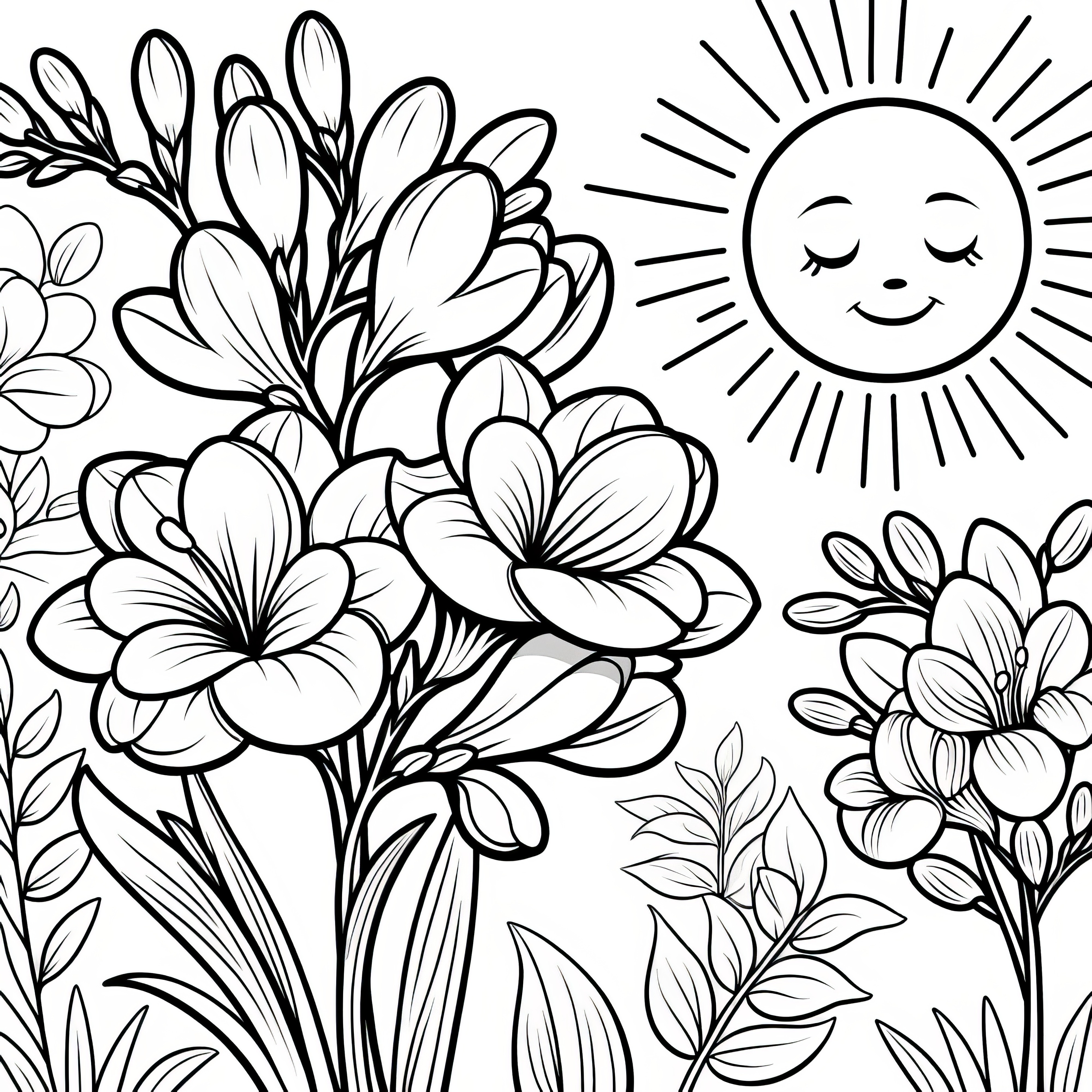 Bellez Freesias et soleil : Page à colorier à télécharger (Gratuit)