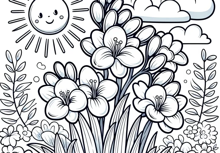 Freesias in the sun and clouds: Download coloring page for free