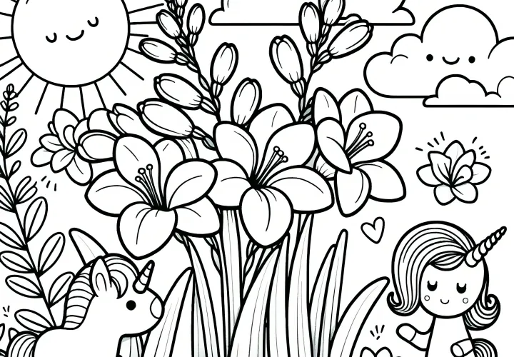 Little unicorns with freesias: Cute coloring picture for download (Free)