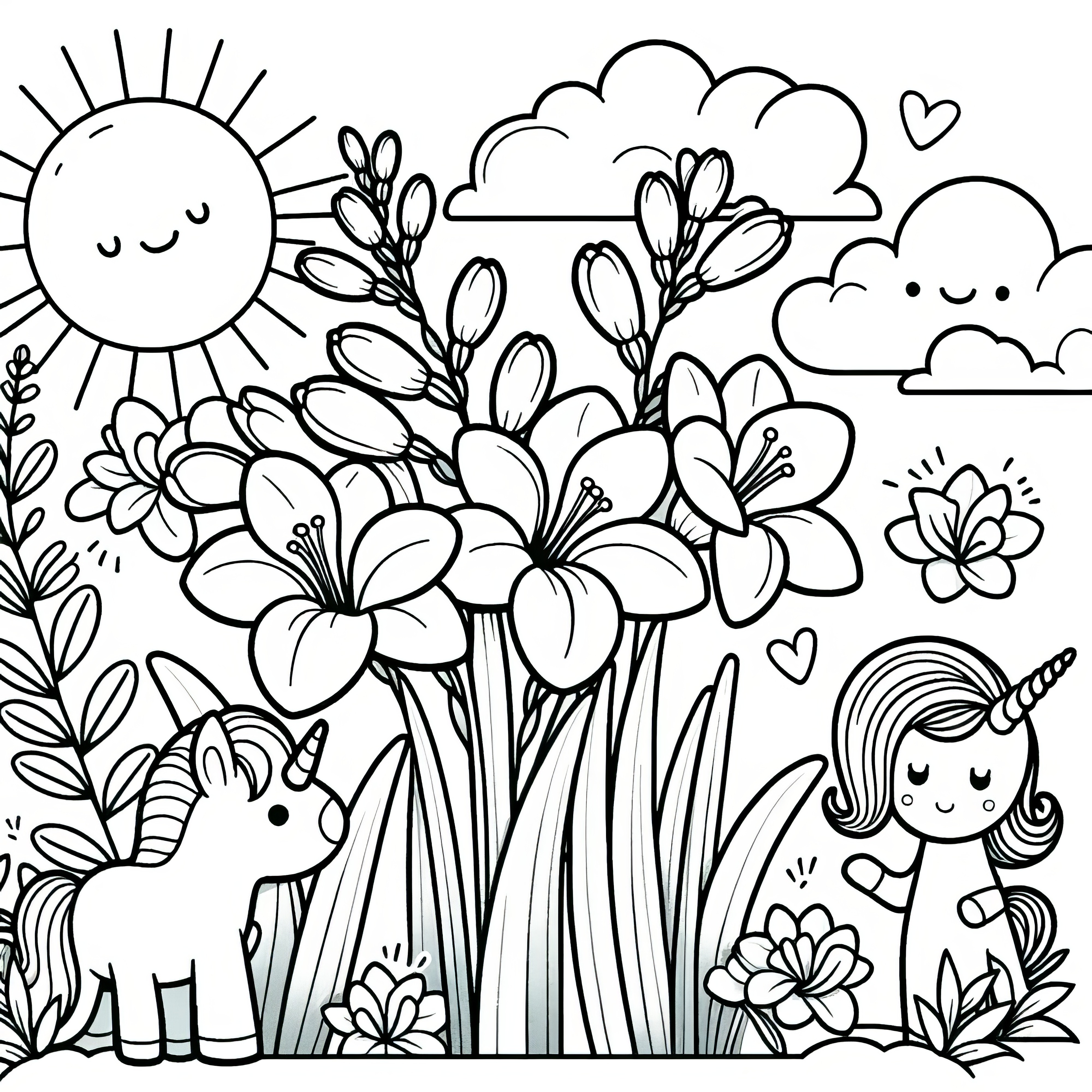 Petits licornes avec des freesias : Coloriage mignon à télécharger (Gratuit)