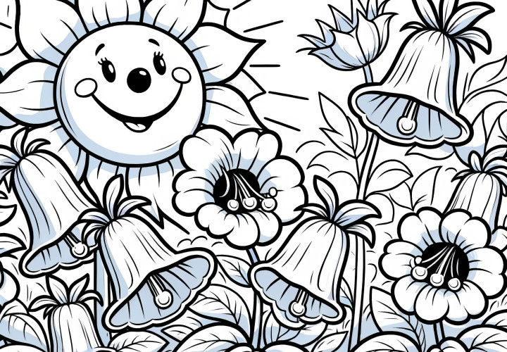 Bluebells in the meadow with the sun as a coloring picture (Free)