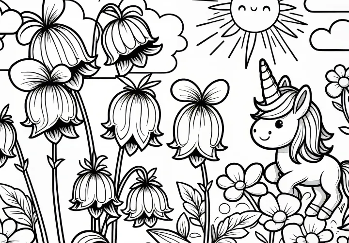 Bellflower blooms with unicorn as coloring picture (free)