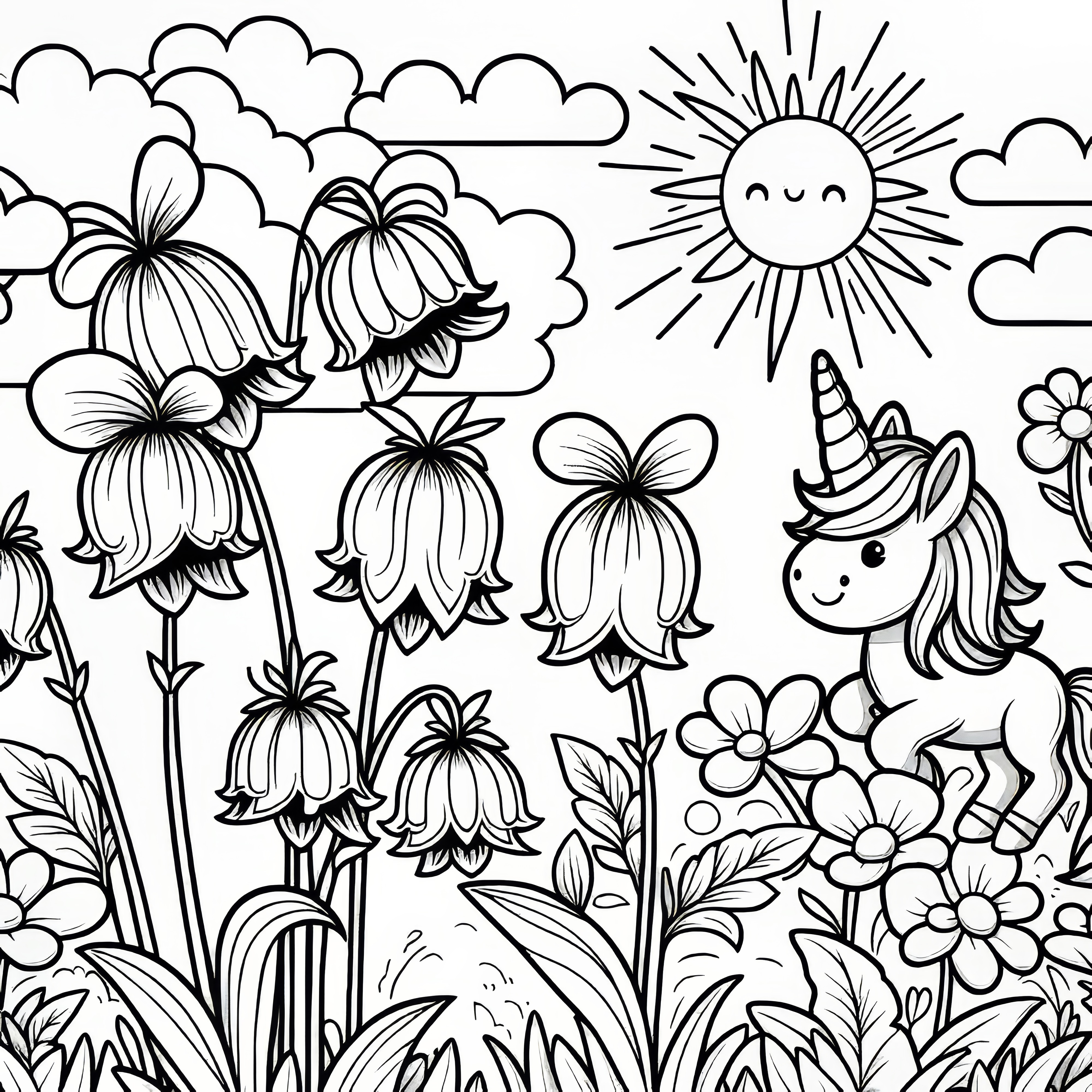 Bellflower blooms with unicorn as coloring picture (free)