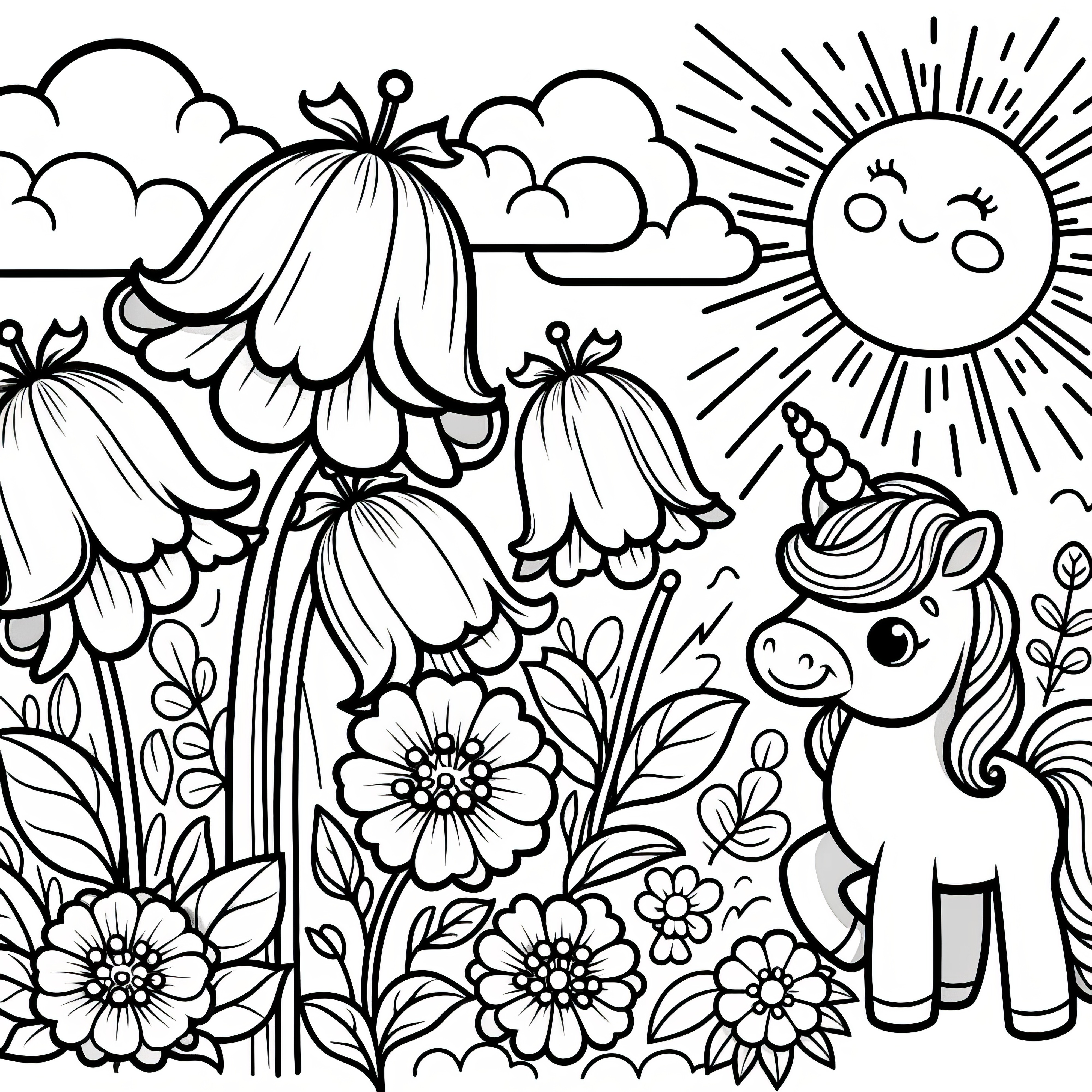 Bellflower blossoms and a cute unicorn: Free coloring page to download