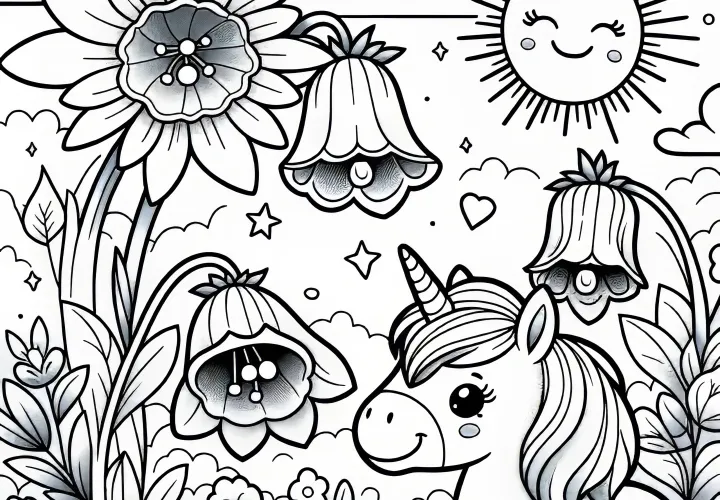 Bellflower blossoms with unicorn and radiant sun: Coloring page for children (Free)