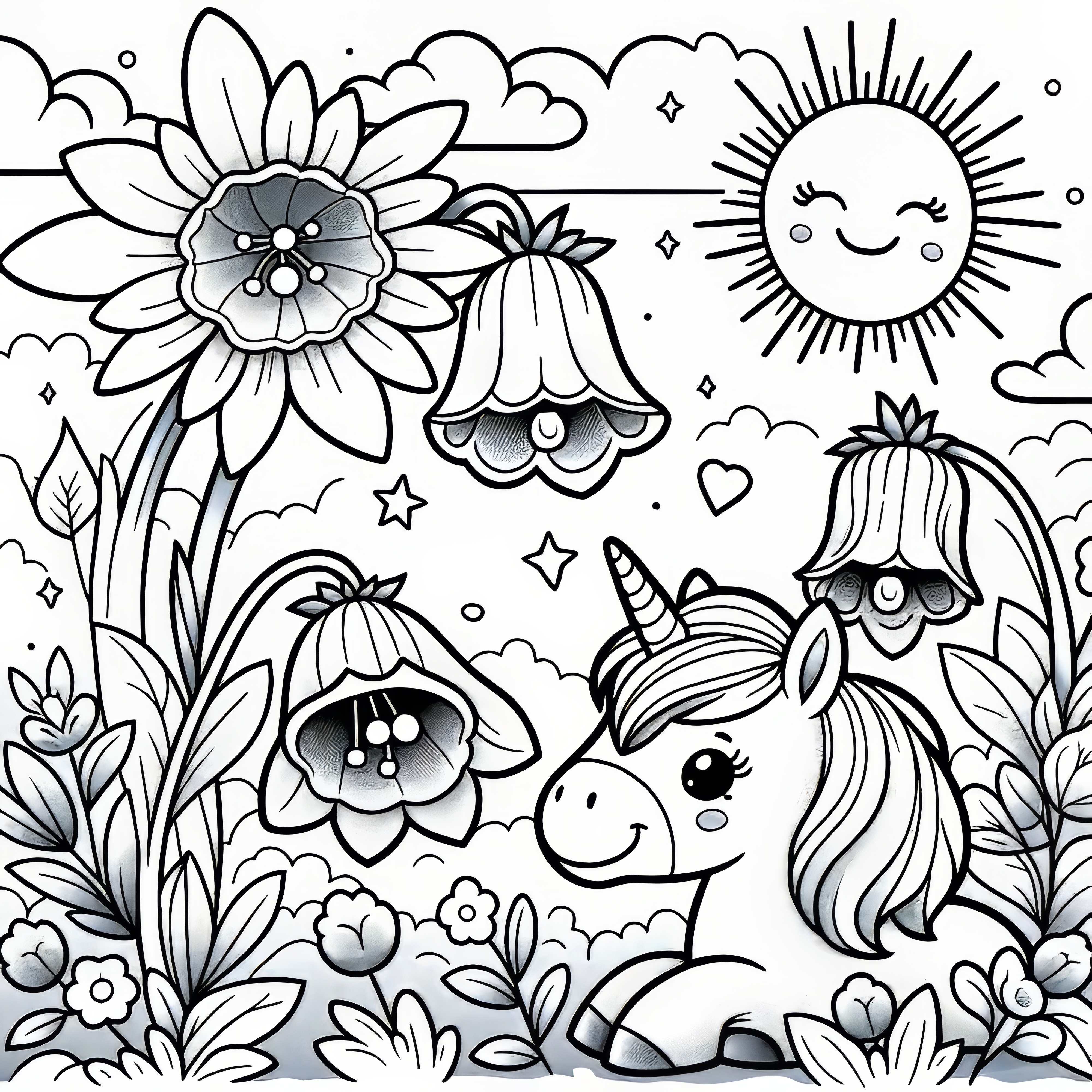 Bellflower blossoms with unicorn and radiant sun: Coloring page for children (Free)