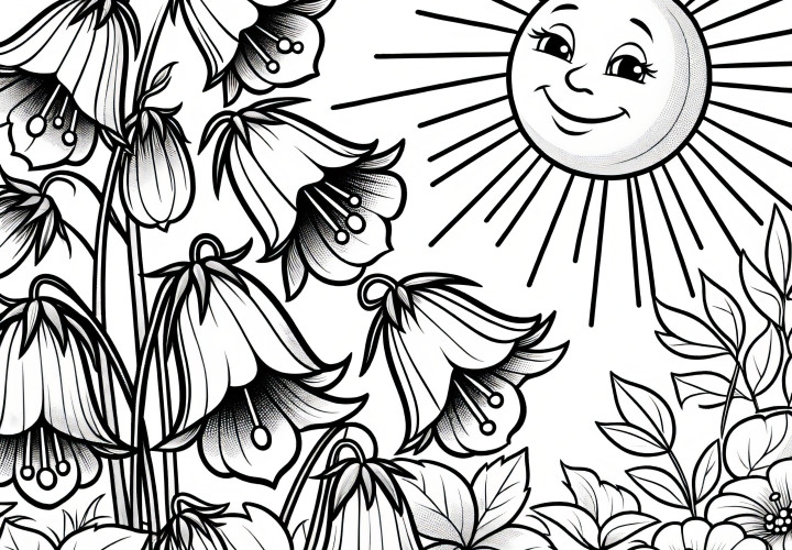 Bluebell flowers blooming in the sunshine as a coloring picture: Free for download