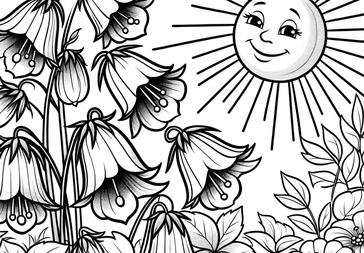 Flores de campânula ao sol como um desenho para colorir: Descarregar gratuitamente