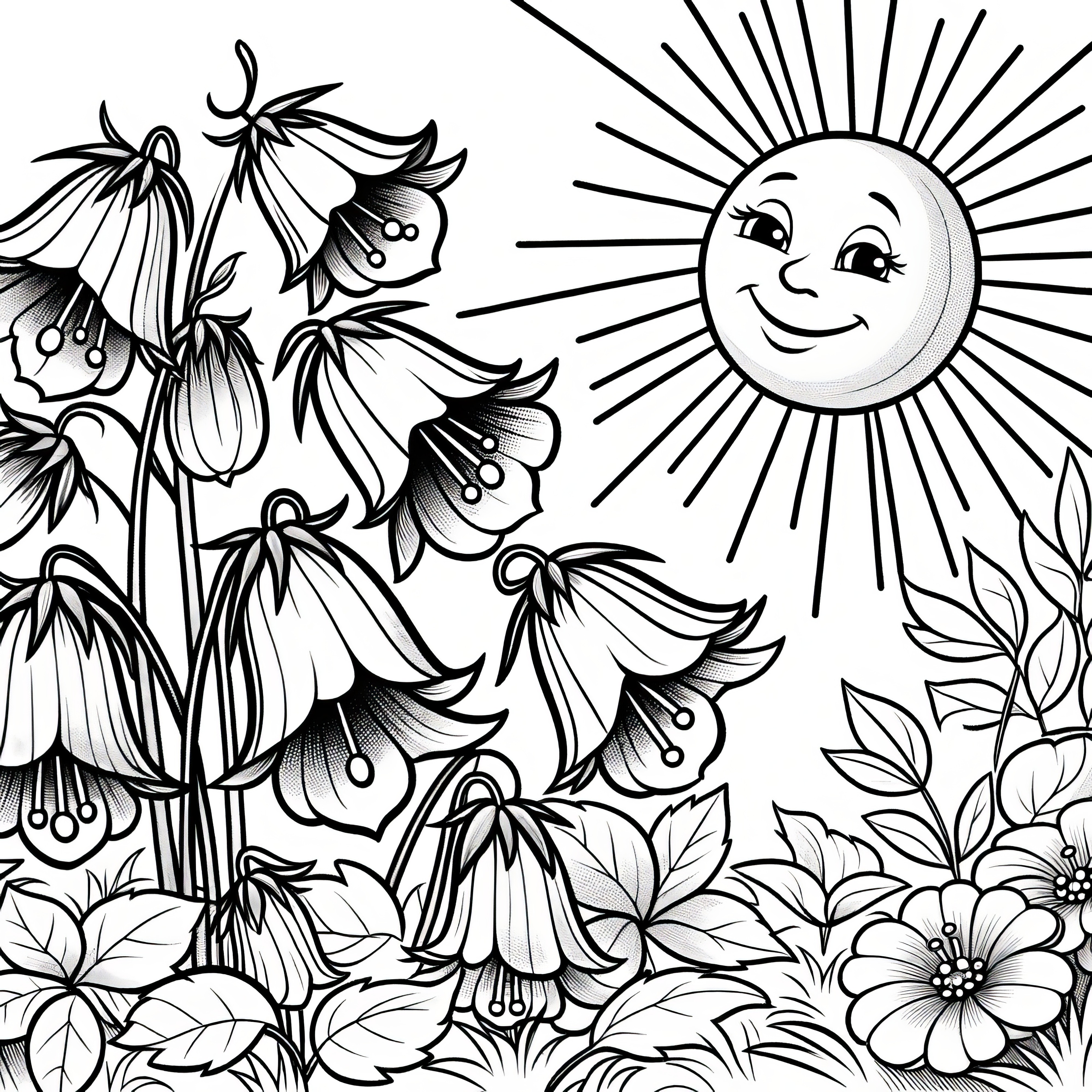 Flores de campânula ao sol como um desenho para colorir: Descarregar gratuitamente