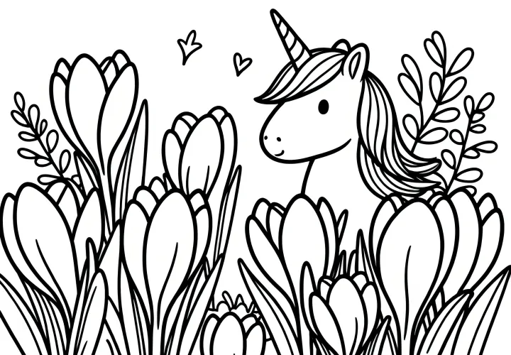 Unicorn in the meadow with crocuses: Download coloring page (Free)