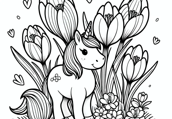 Small unicorn among crocuses as a coloring picture (Free)