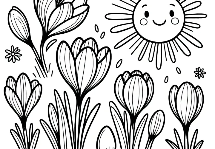 Crocus blooms in the sunshine as a coloring page (Free)