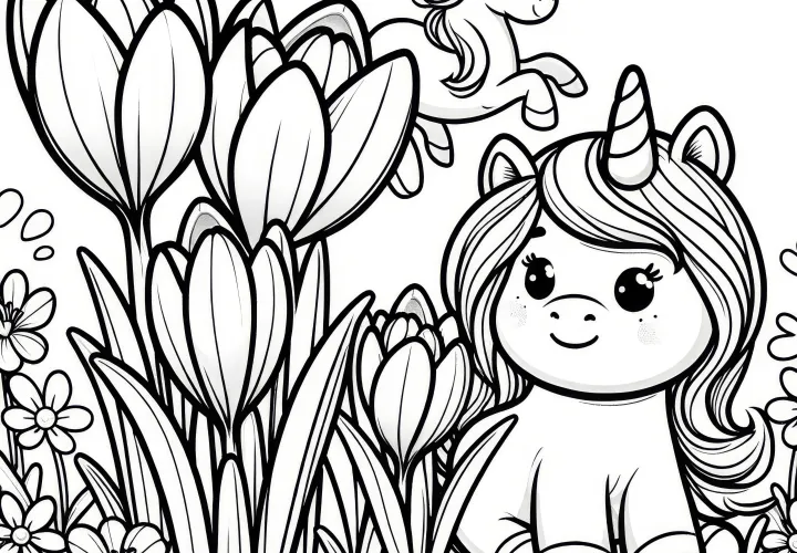 Crocuses and unicorns: Coloring page for children (Free)