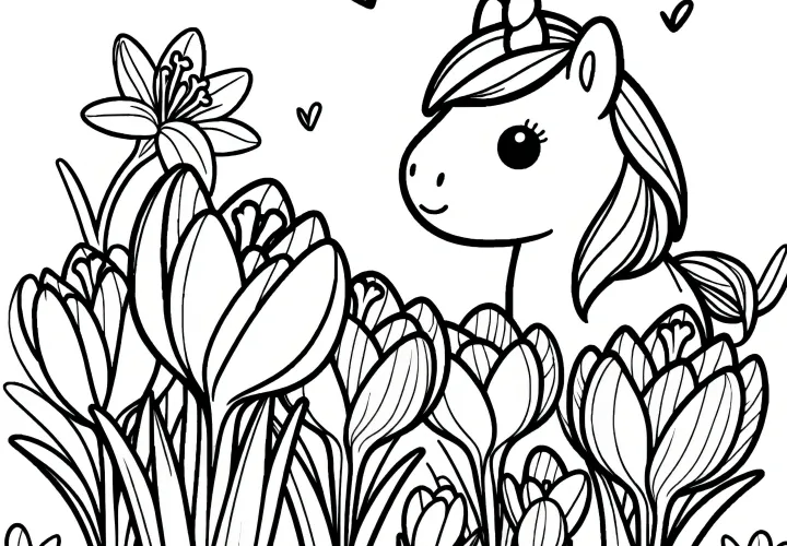 Crocuses with unicorn: Free coloring page for download