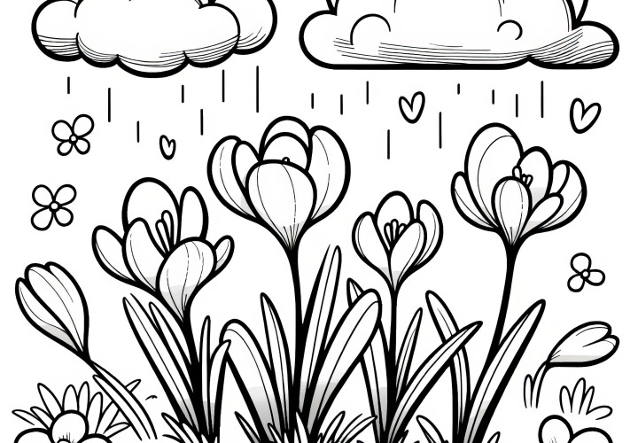 Crocuses in spring rain: Free coloring page for children