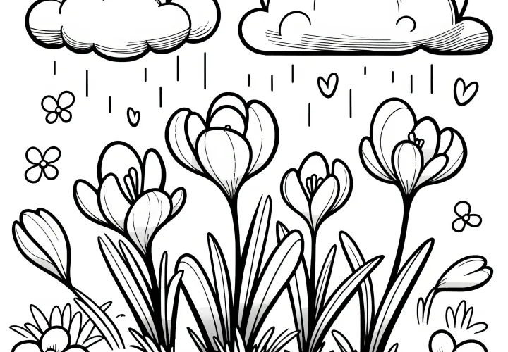 Crocuses in spring rain: Free coloring page for children