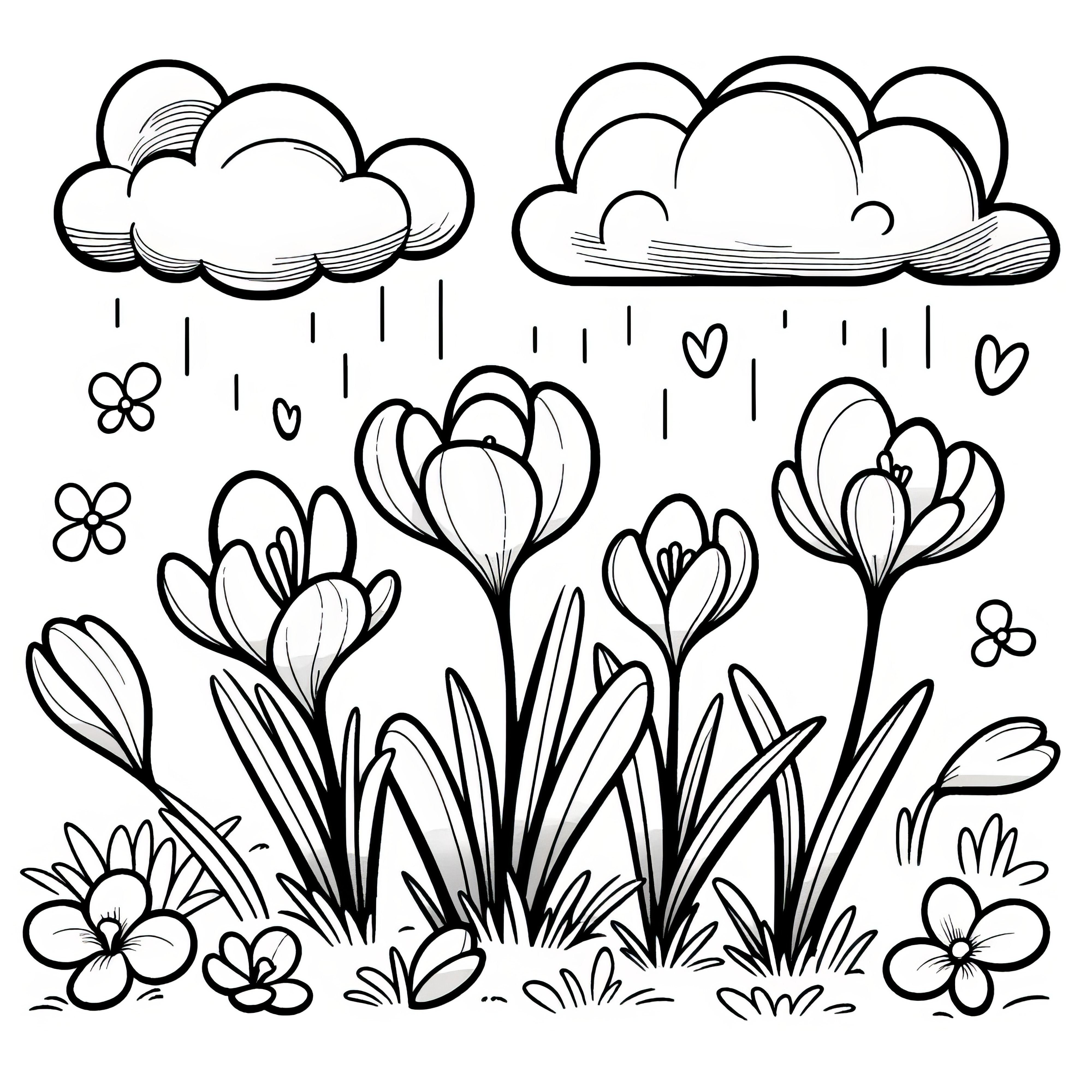 Crocuses in spring rain: Free coloring page for kids