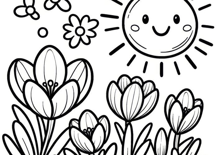 Crocuses in the sun: Coloring picture for children (free)