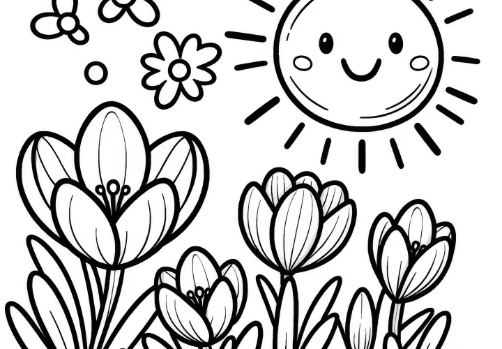 Crocus al sole: disegno da colorare per bambini (Gratuito)