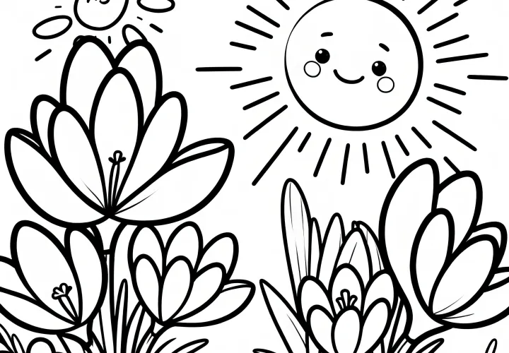 Crocuses in the spring sun: Simple coloring page for children (Free)