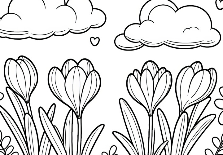 Crocuses and clouds to color in: Free coloring picture