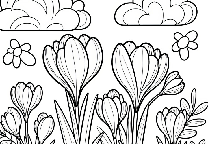 Crocuses and fluffy clouds: Coloring page for children (Free)