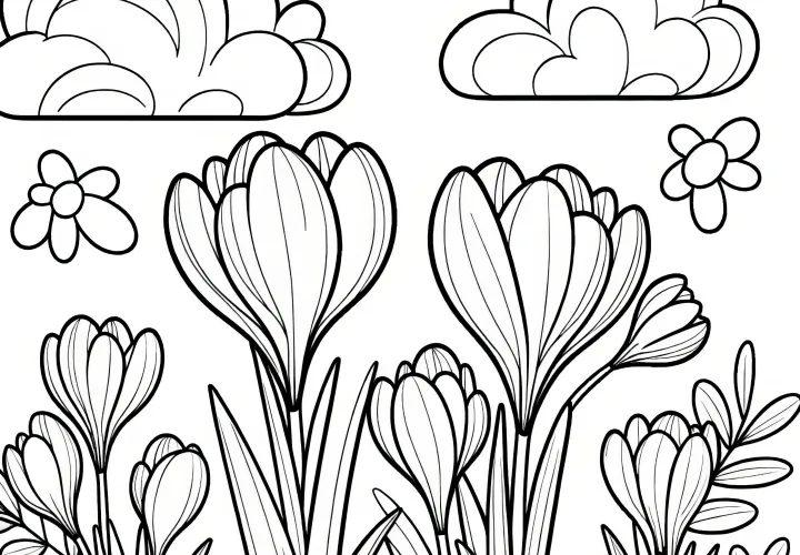 Crocus e soffici nuvole: disegno da colorare per bambini (Gratuito)