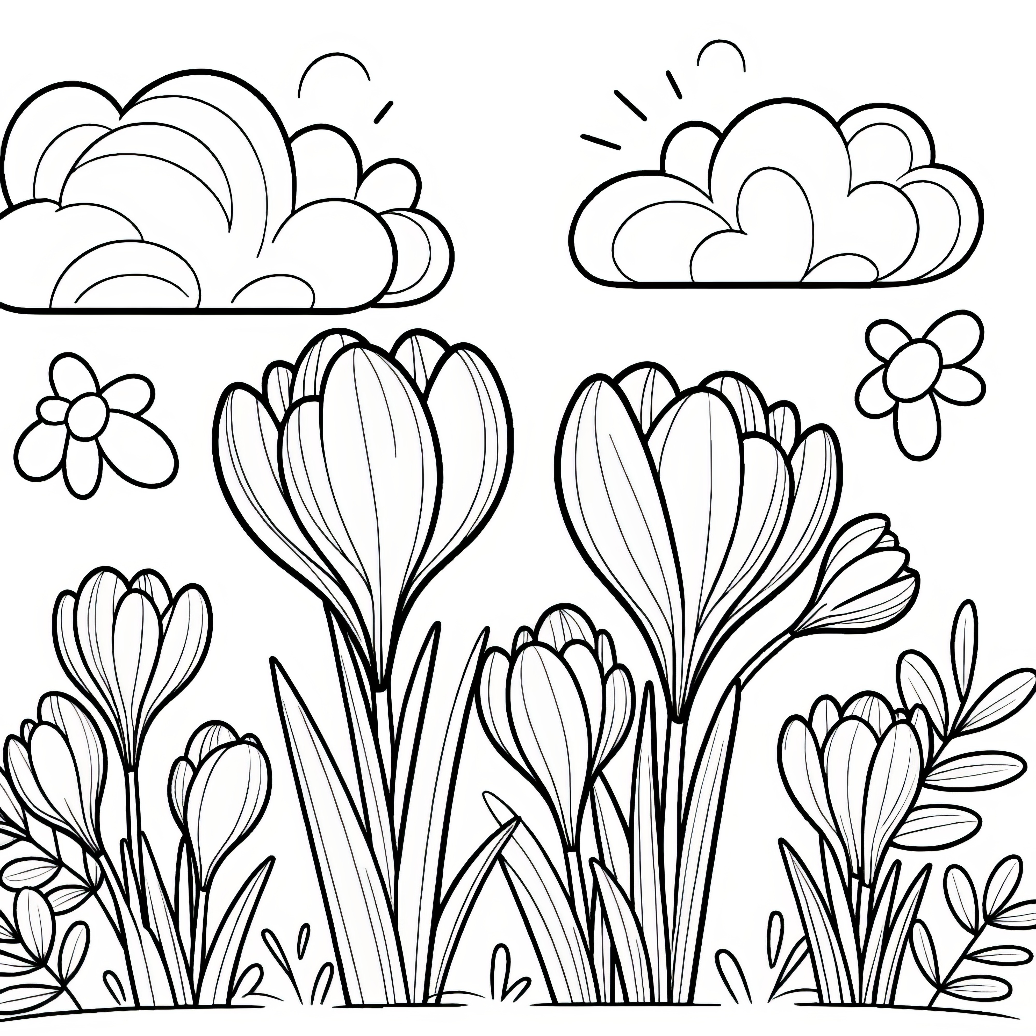 Crocuses and fluffy clouds: Coloring page for kids (Free)