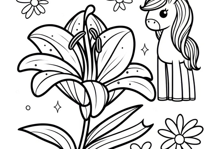 Unicorn and lily blossom: Coloring page for children (Free)