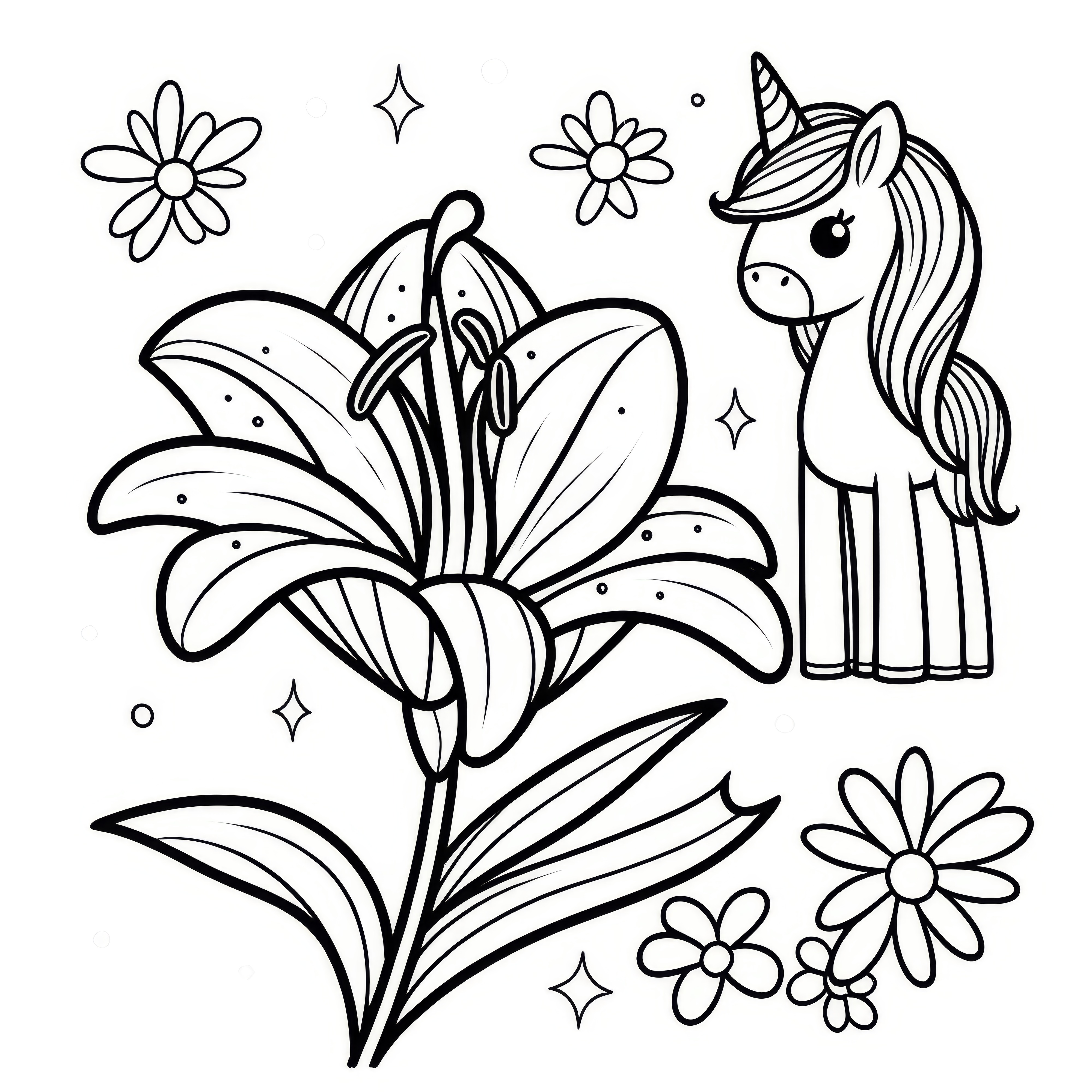 Unicorno e fiore di giglio: disegno da colorare per bambini (Gratuito)