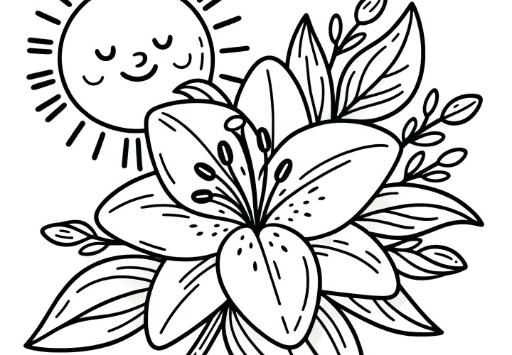 Lily flower with sun rays for coloring (Free)