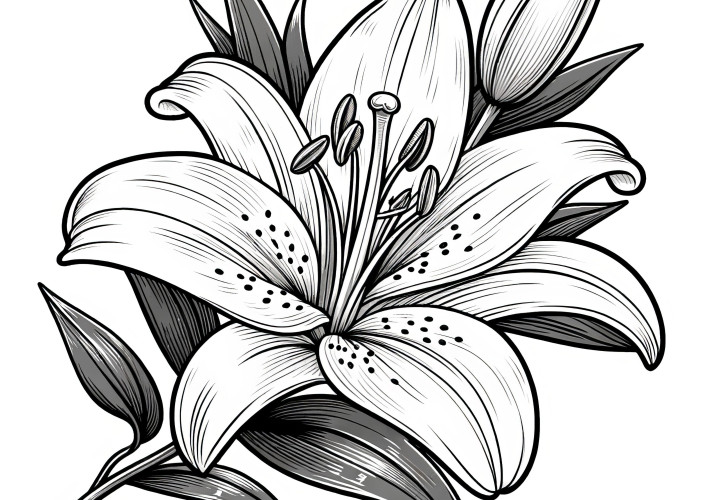 Beautiful lily blossom: Realistic coloring page (Free)