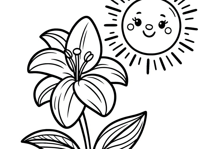 Lily blossom with friendly sun: Simple coloring page (free)