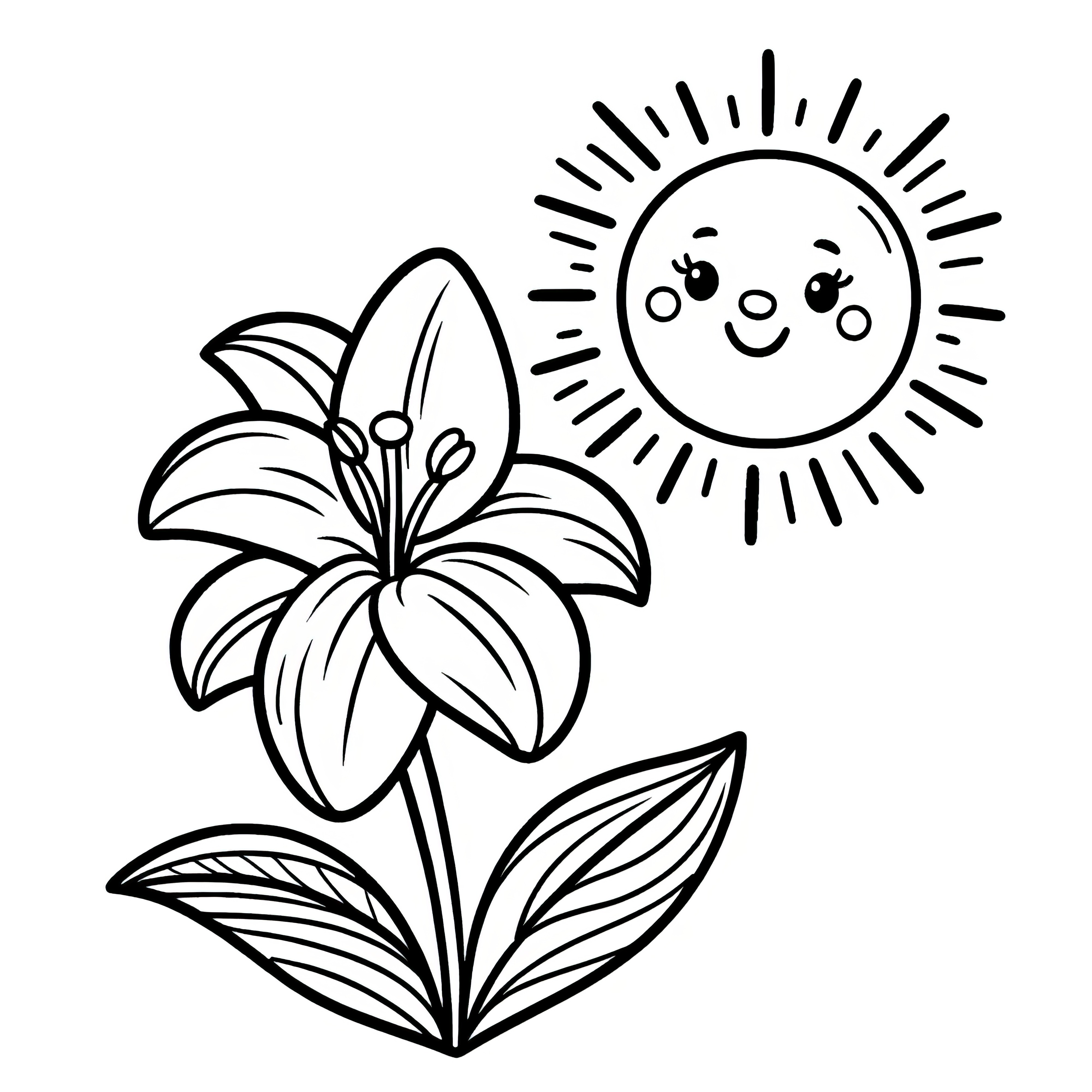 Lily blossom with friendly sun: Simple coloring page (Free)