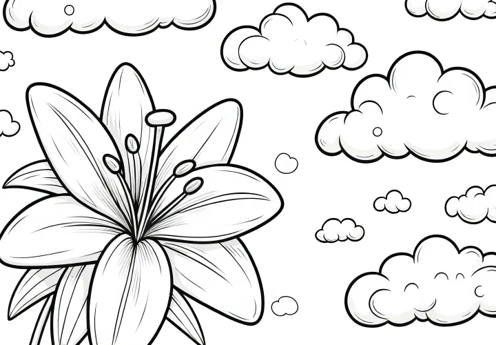 Lírio em flor e nuvens fofas: imagem para colorir para descarregar (gratuito)