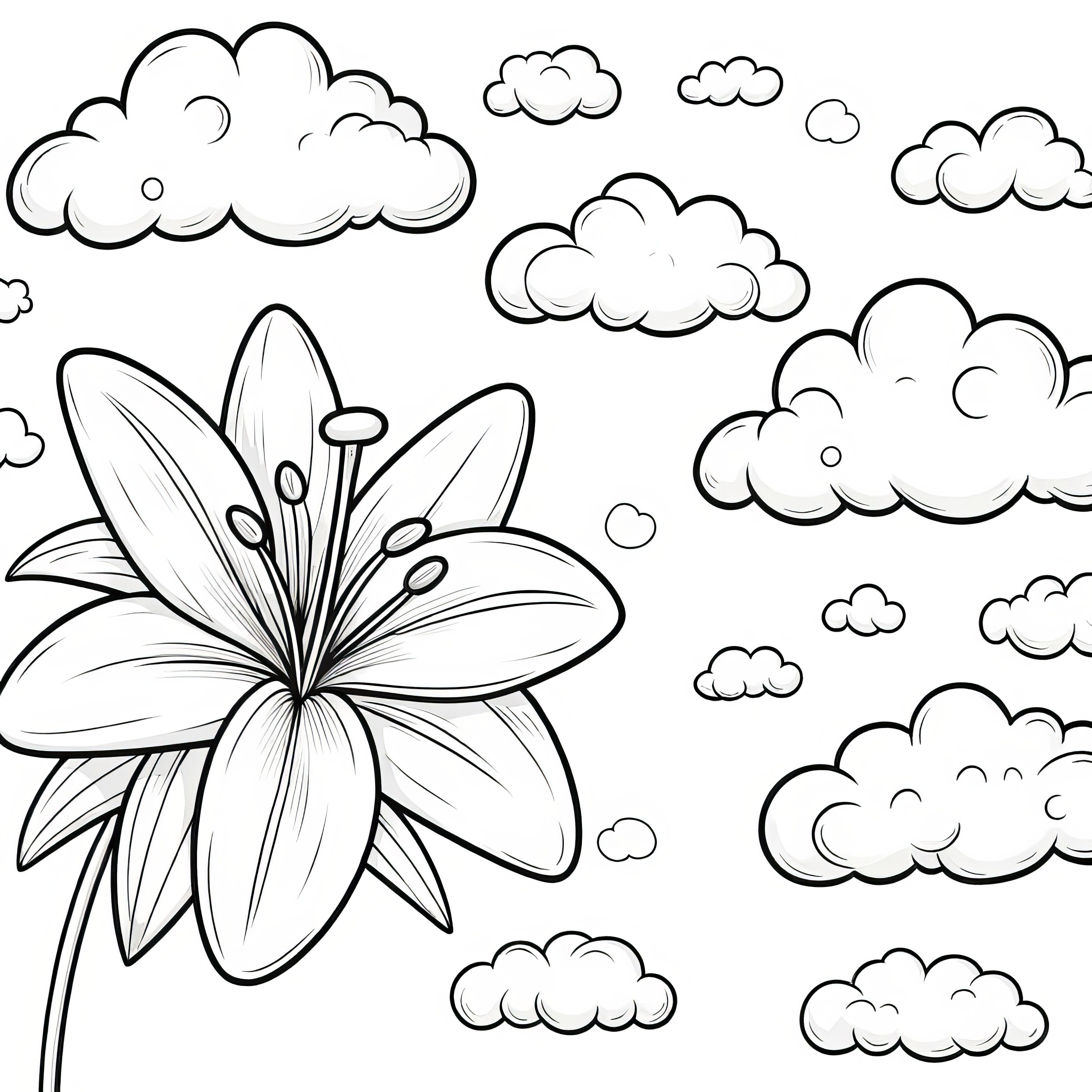 Lírio em flor e nuvens fofas: imagem para colorir para descarregar (gratuito)