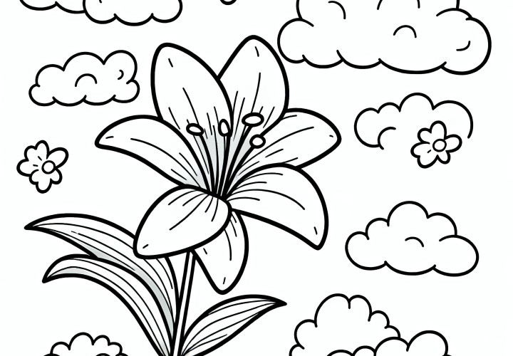 Magnificent lily bloom amidst clouds: coloring page for download (free)