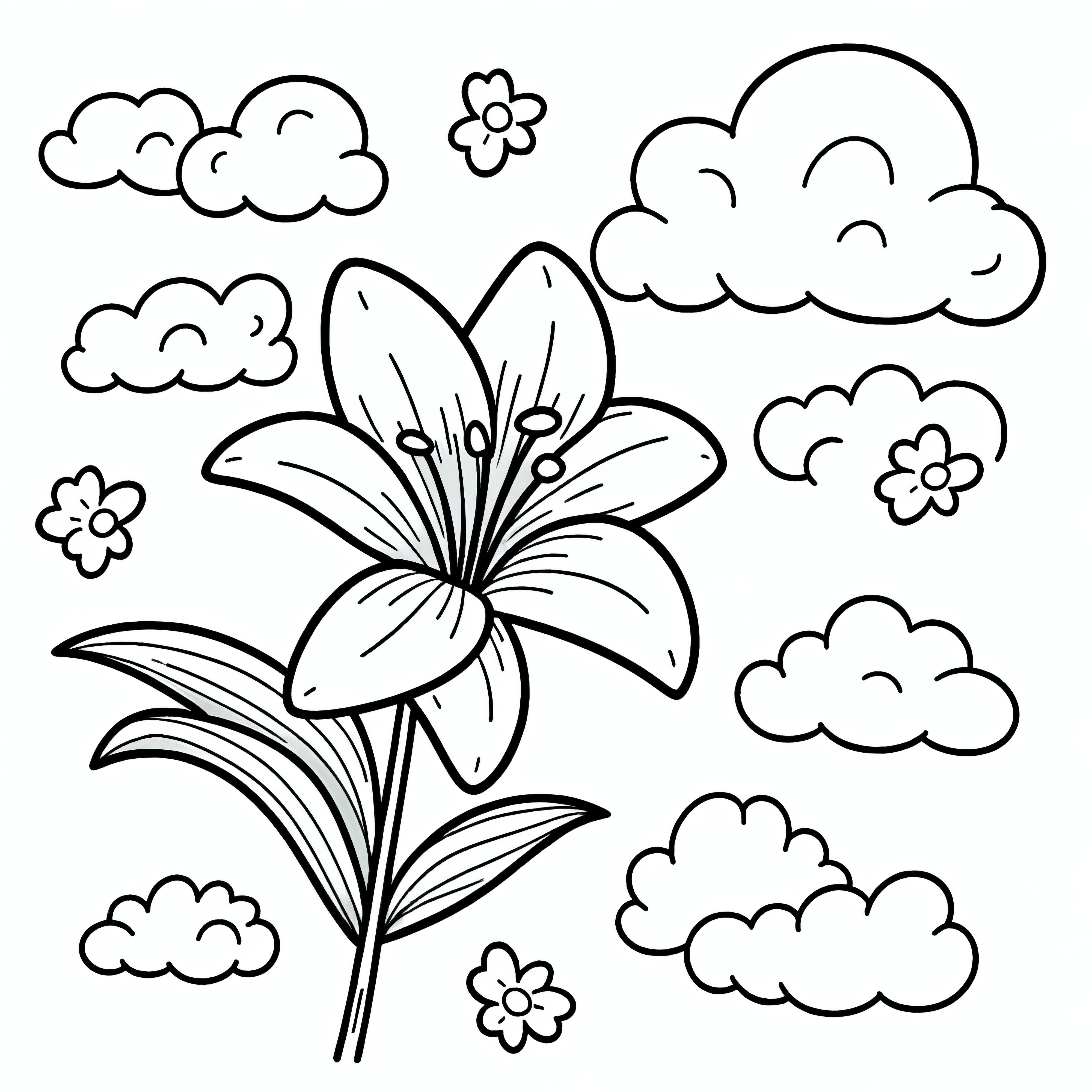 Magnificent lily blossom amongst clouds: coloring page for download (free)