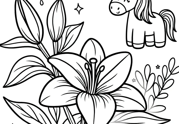 Lily blossoms with a friendly unicorn: Free coloring picture