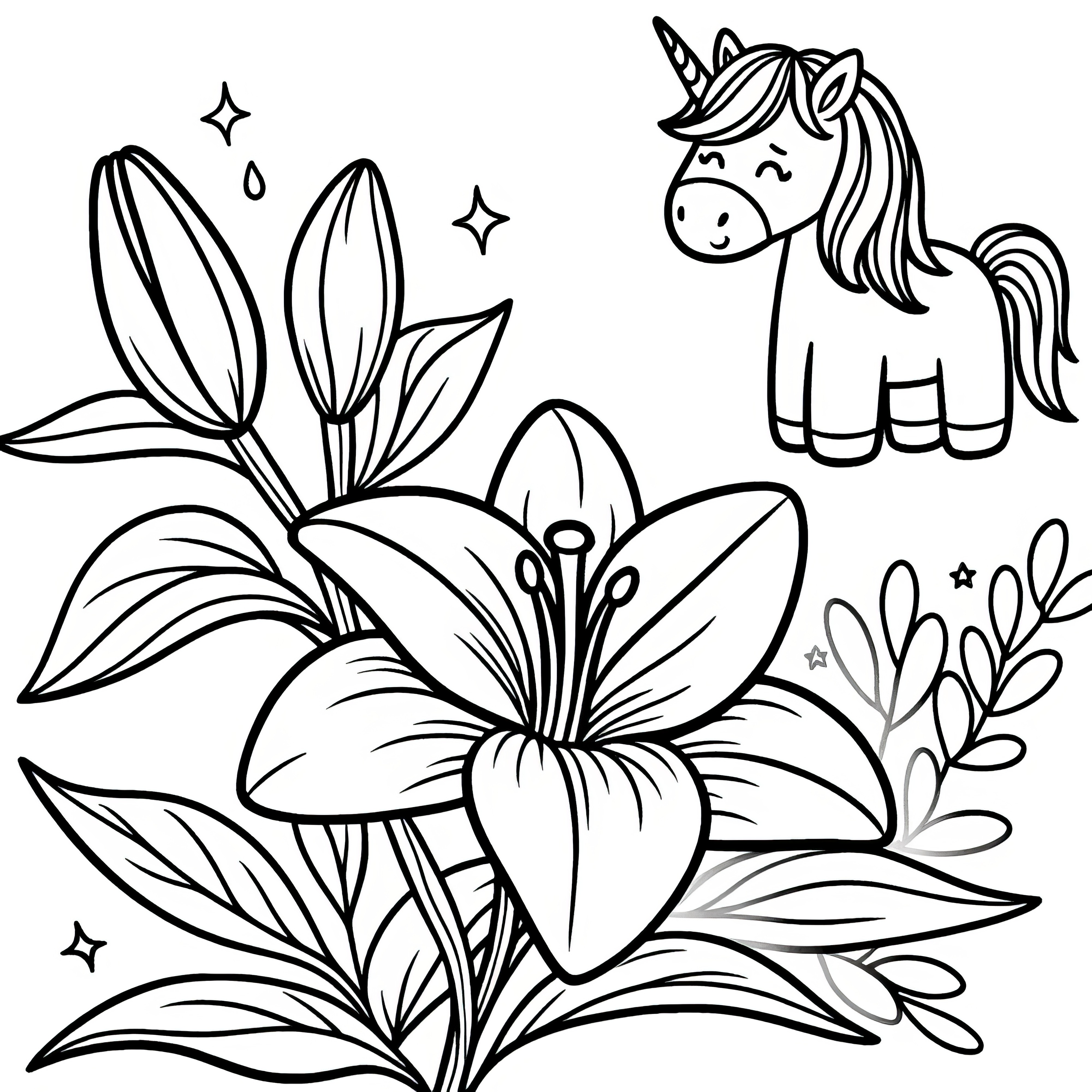 Lily flowers with a friendly unicorn: Free coloring sheet