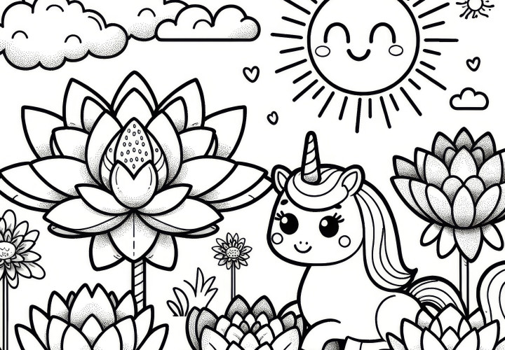 Unicorn, lotus flowers, and sun: Coloring template for children (Free)