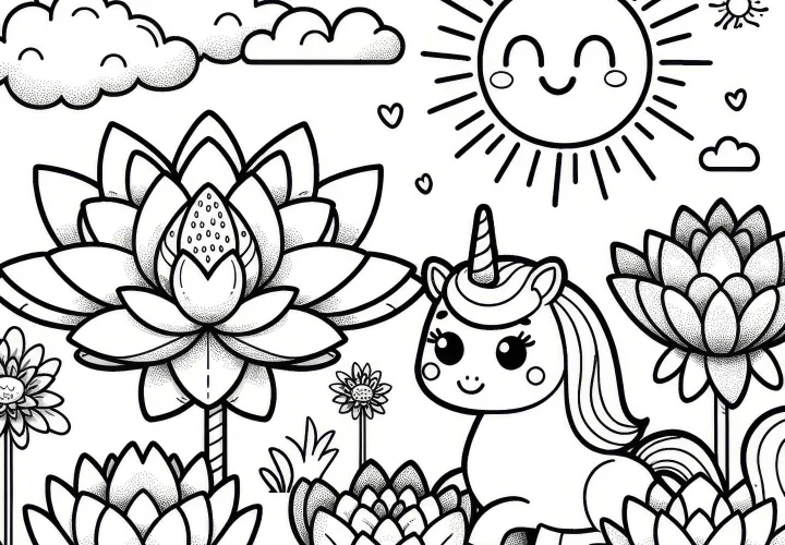 Unicorno, fiori di loto e sole: disegno da colorare per bambini (Gratuito)