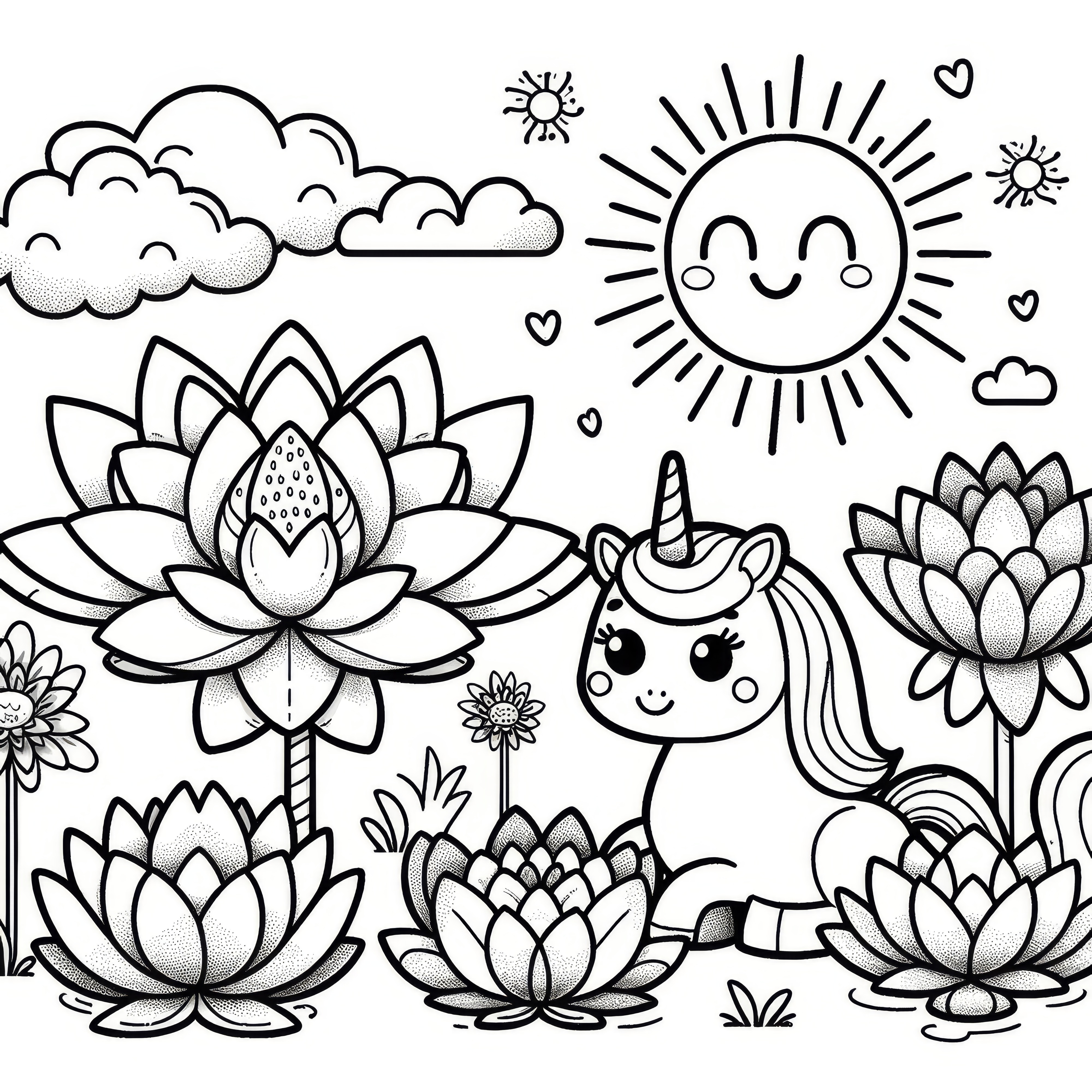 Unicorn, lotus flowers, and sun: Coloring page for children (Free)